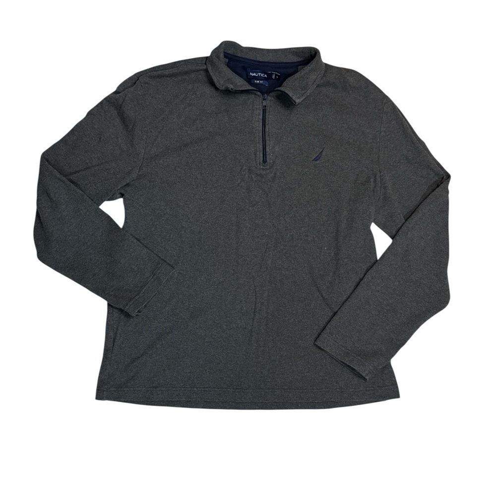 Nautica Gray 3/4 Zip Up Sweater Charcoal Grey with Navy Blue Detail Slim Fit XL
